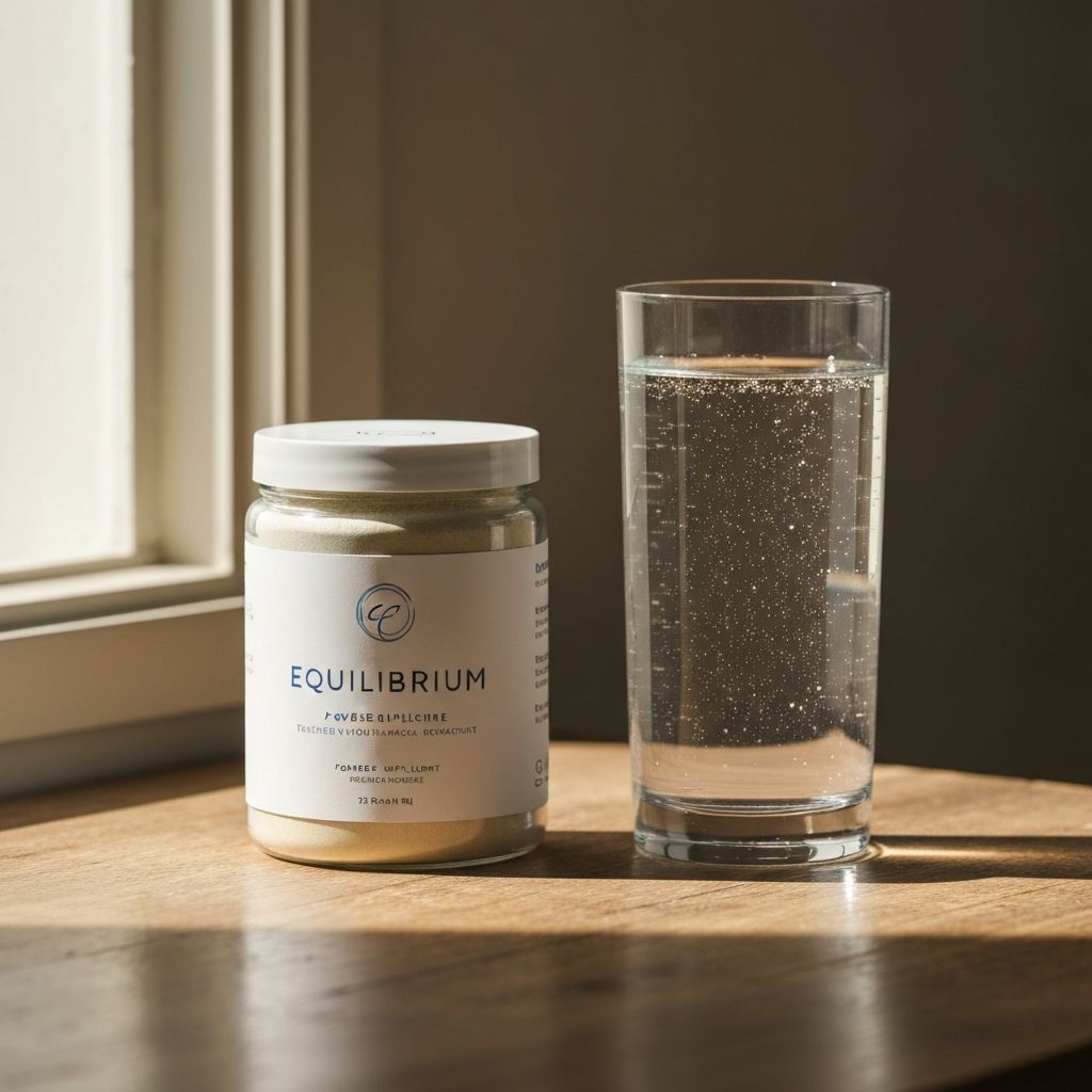 Powder jar with Equilibrium label displayed artfully with glass