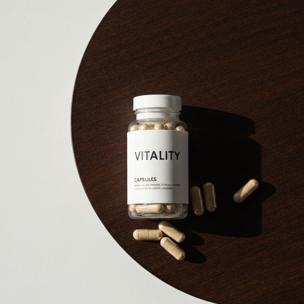 Capsule bottle labeled Vitality Complex on minimalist wooden surface